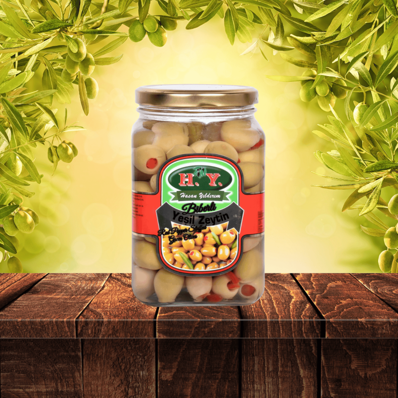 Biberli Yeşil Zeytin 1 Kg. Cam (201-230)